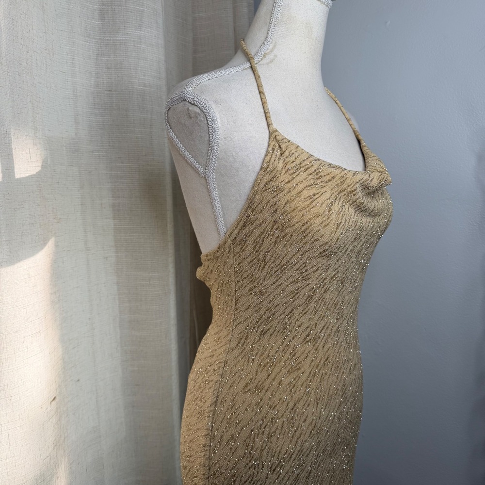 Y2K Vintage Jump Gown Cowl Neck Open Back Halter Gold Glitter Dress 11/12 - Picture 5 of 11